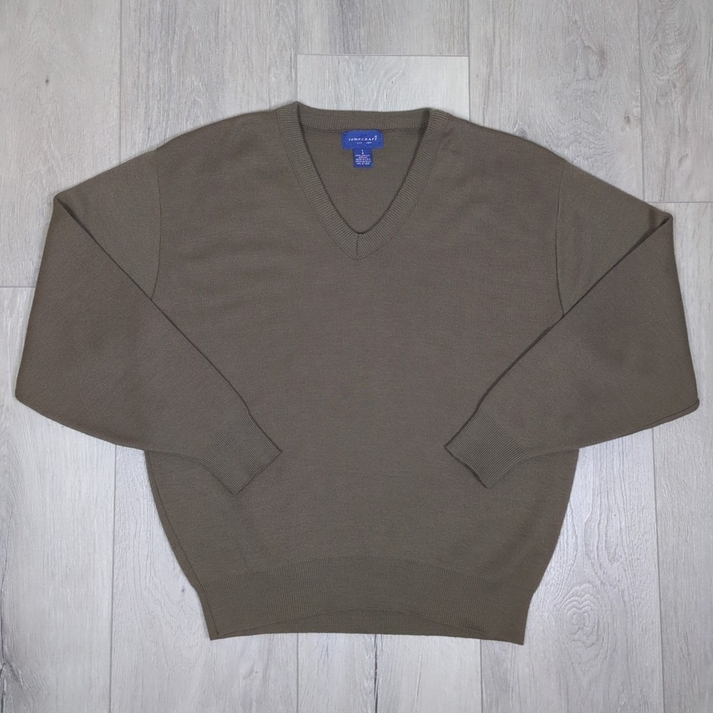 Vintage Towncraft Sweater Mens Large Brown V Neck Jersey Knit Cuffed Made in USA